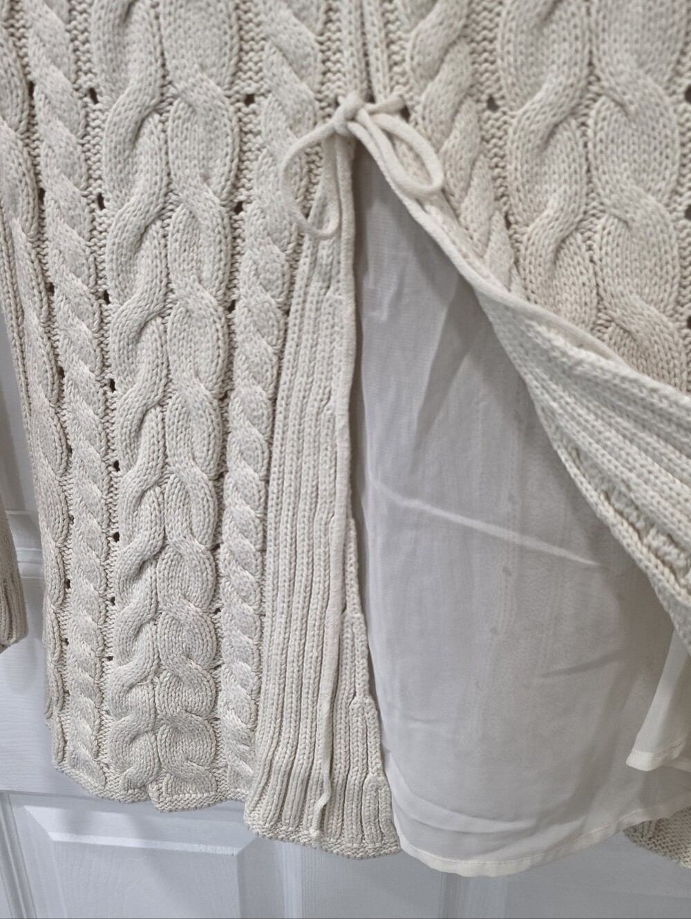 CAbi Cream Cable Knit Lace-Up Back Pullover Sweater, Size Medium - Picture 5 of 9